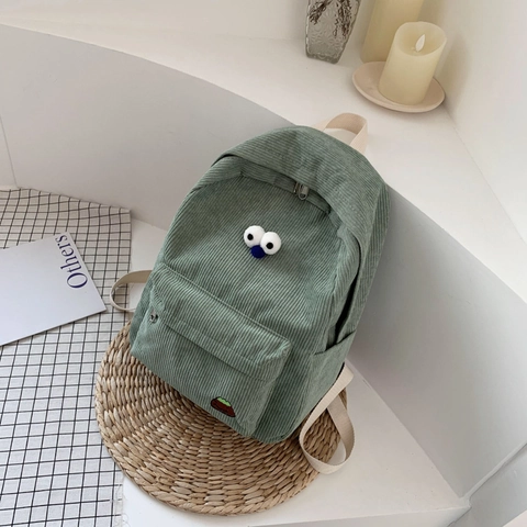 Corduroy Backpack Cute Cartoon 3D Big Eyes School Bag For Student Girls Women Casual Travel Daypack