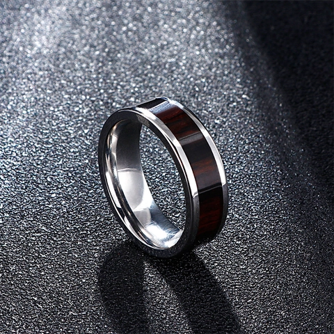Men Stainless Steel Ring With Wood Inlay Vintage Industrial Style Creative Fashion Band For Daily Wear Jewelry