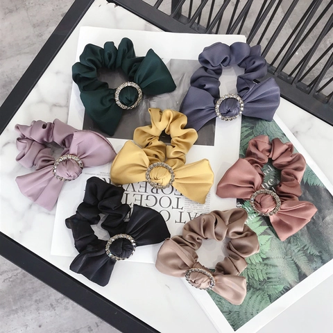 Satin Satin Bowknot Scrunchies With Rhinestone Ring Elegant Bow Hair Ties Elastic Ponytail Holder For Women Girls