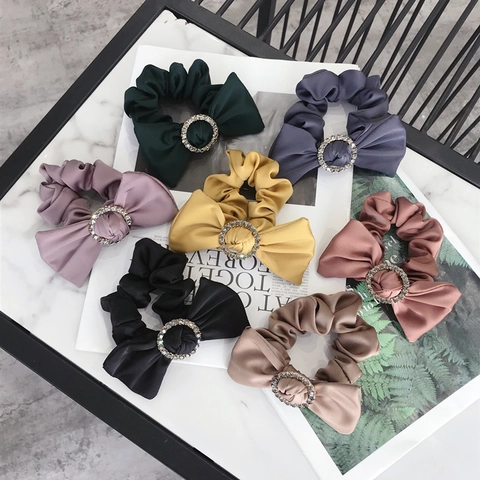 Satin Satin Bowknot Scrunchies With Rhinestone Ring Elegant Bow Hair Ties Elastic Ponytail Holder For Women Girls