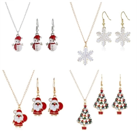 Collier Et Boucles D'oreilles De Noël Dessin Animé Émail Alliage Strass Père Noël Bonhomme De Neige Arbre Flocon Bijoux