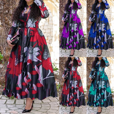Women's Elegant Floral Print Maxi Dress Long Sleeve V-Neck Large Hem A-Line Chiffon Dress For Summer Holiday Casual Party