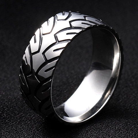 Vintage Men Tire Tread Band Ring 316 Stainless Steel Retro Punk Industrial Style Jewelry Cool Biker Gothic Accessory