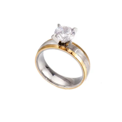 Stainless Steel Ring Gold Plated Dual Tone Striped Texture Round Cubic Zirconia Prong Setting Jewelry For Women Men