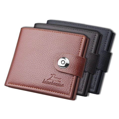 Herren Bifold Brieftasche PU Leder Litschi Textur Druckknopfverschluss Kurz Business Vintage Kartenhalter Fotofenster