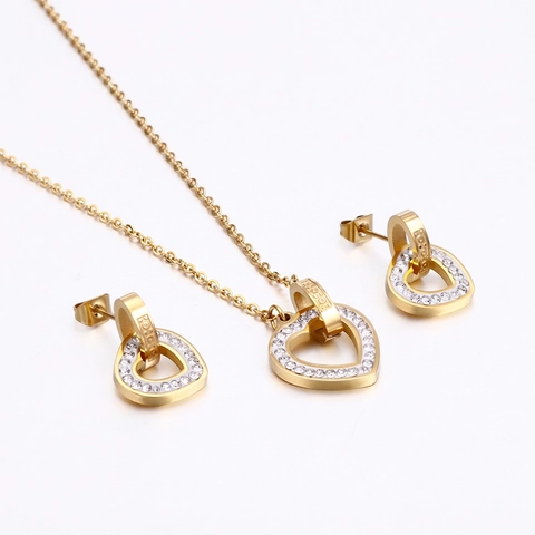 Collier Et Boucles D'oreilles En Acier Inoxydable Cœur Strass Gravure Forever Love Double Anneau Bijoux Pour Femmes