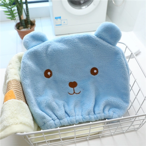Cartoon Bear Hair Drying Cap Coral Fleece Super Absorbent Quick Dry Shower Wrap Turban Cute Animal For Women Kids