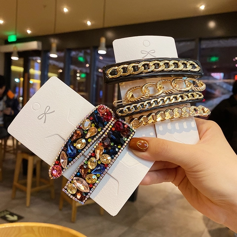 Rhinestone Hair Clips Colorful Artificial Gemstone Artificial Pearl Alloy Metal Chain Geometric Hairpins For Women Girls Fashion Accessories
