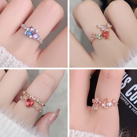 Elegant Copper Zirconia Adjustable Open Rings For Women Rose Gold Plated Heart Flower Marquise Cubic Zirconia Jewelry
