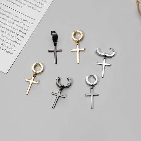 Edelstahl Kreuz Anhänger Creolen Minimalistischer Punk Schmuck Für Damen Herren Ohne Piercing Clip On
