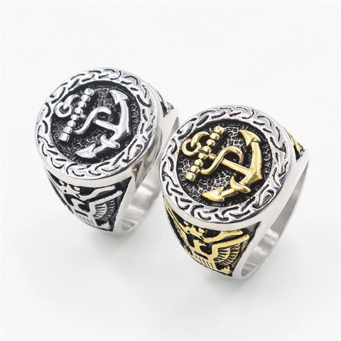 Bague Ancre Nautique Pour Hommes Acier Inoxydable Ailes D'aigle Biker Retro Punk Rock Bijoux Or Argent