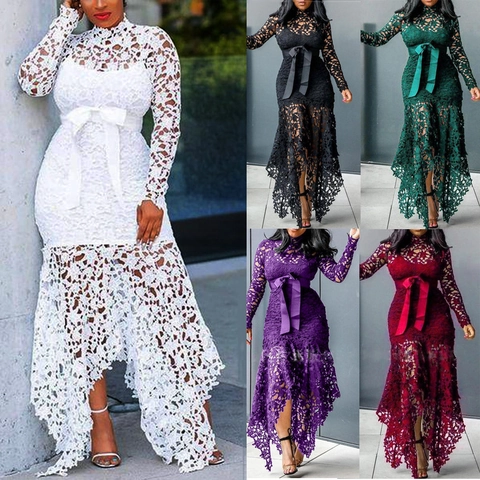 Robe Midi en Dentelle Polyester Évidée pour Femmes Manches Longues Col Montant Ourlet Irrégulier Taille Nouée Élégante Couleur Unie