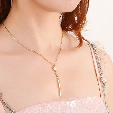 Rhinestone Star Pentagram Long Tassel Necklace And Earrings For Women Stainless Steel Elegant Trendy Jewelry