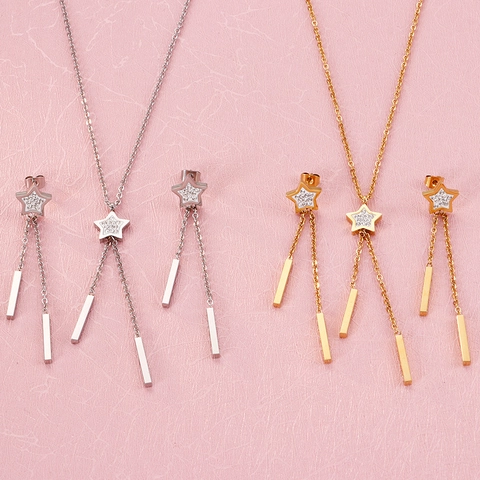 Rhinestone Star Pentagram Long Tassel Necklace And Earrings For Women Stainless Steel Elegant Trendy Jewelry