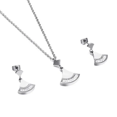 Elegant Women Fan Shaped Stainless Steel Necklace And Earrings With Mother Of Artificial Pearl Shell And Zircon Inlay