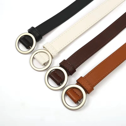 Women Minimalist PU Leather Belt With Silver Round Square Buckle Adjustable Holeless Waist Belt For Jeans Pants Accessories
