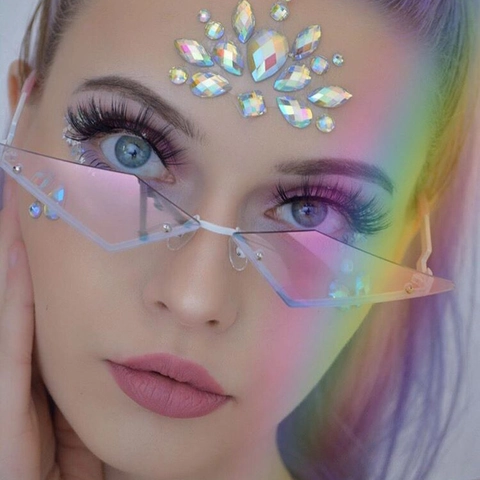 Rimless Sunglasses Lightning Shape Metal Frame Geometric Diamond Lenses UV400 Y2K Punk Party Eyewear For Women Men
