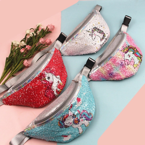 Unicorn Sequin Fanny Pack For Girls Cartoon Glitter Waist Bag Adjustable Strap Chest Pouch For Kids Travel Sports