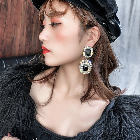 Boucles D'Oreilles Pendantes Géométriques Rétro À Double Couche Avec Strass Noir Et Tige En Argent Pour Femmes Exagéré