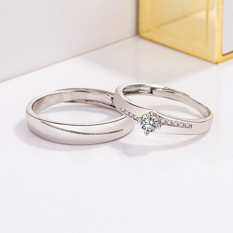 Minimalist Copper Rhinestone Couple Rings Silver Plated Adjustable Open Finger Rings For Lovers Wedding Anniversary Jewelry