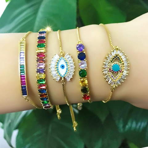 Adjustable Alloy Rainbow Rhinestone Evil Eye Shell Charm Bracelet For Women Boho Fashion Jewelry Gift Gold Silver Bracelet