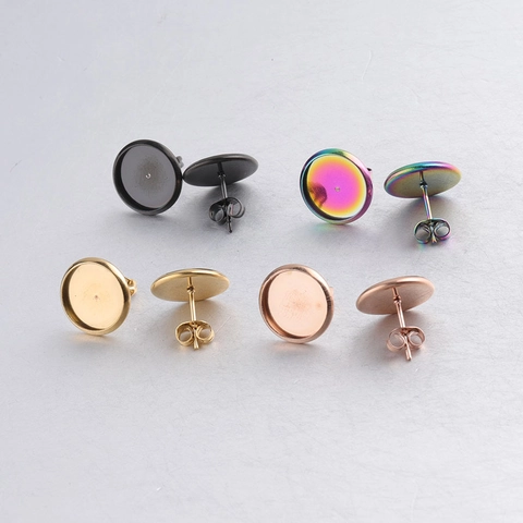 Stainless Steel Earring Post Round Bezel Tray Blank Stud Base For DIY Jewelry Making Findings