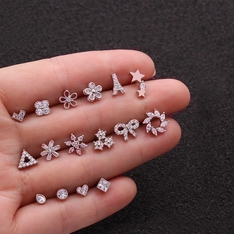 Zirkoon Bloem Hart Ster Oorkraakbeen Studs Roestvrij Staal Schroef Platte Achterkant Piercing Oorbellen Voor Vrouwen
