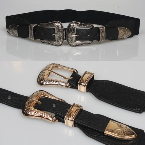 Cintura Elastica in Vita da Donna in Stile Western Vintage Doppia Fibbia Intagliata a Fiori Cintura a Corsetto in Pelle PU