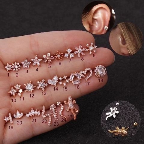 Orecchini A Lobo In Rame Zircone Acciaio Inossidabile Piercing Gioielli Helix Tragus Forme Animali Fiori