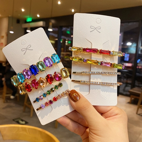 Rhinestone Hair Clips Colorful Artificial Gemstone Artificial Pearl Alloy Metal Chain Geometric Hairpins For Women Girls Fashion Accessories
