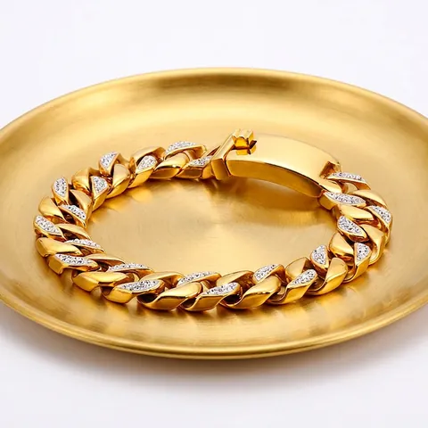 Pulsera De Cadena Cubana Para Hombre Acero Inoxidable Circón Diamantes De Imitación Hip Hop Joyería Streetwear