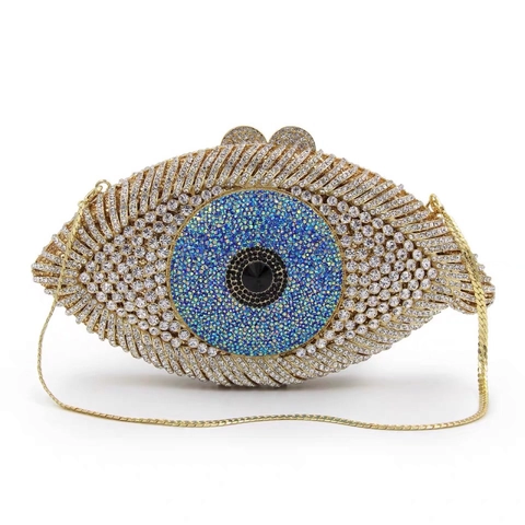 Μίνι Τσάντα Βραδινή Evil Eye Μεταλλική Με Στρας Κρύσταλλα Διάτρητη Πολυτελής Τσάντα Χειρός Γυναικεία Με Αλυσίδα