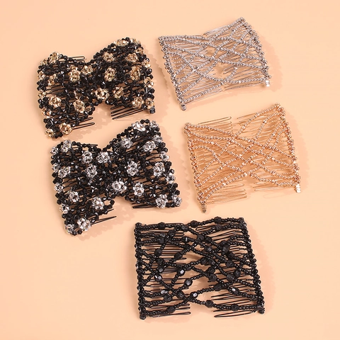 Magische Haarkam Elastische Dubbele Schuif Haarclips Legering Hars Parels Bun Maker Styling Tool Voor Vrouwen Elegante Haarspelden