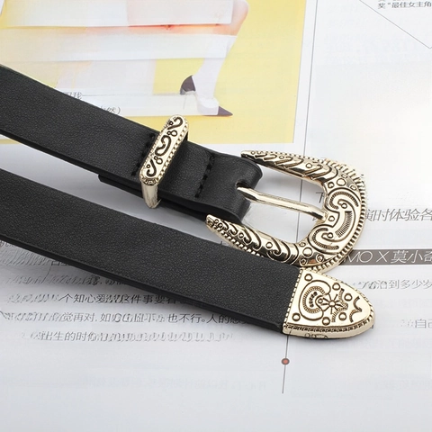 Cintura Donna in Ecopelle Sottile Con Fibbia Intagliata Western Vintage Nero Stile Bohémien Cintura Decorativa