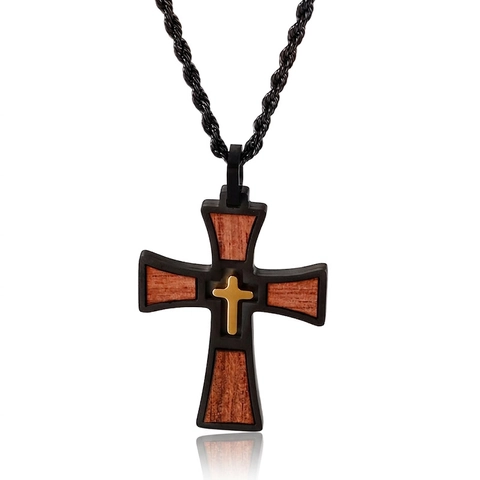 Colgante De Cruz Vintage De Acero Inoxidable Con Incrustaciones De Madera Joyería Religiosa Para Hombre Mujer
