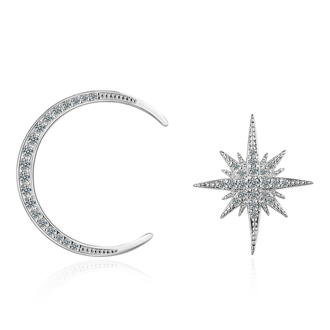 Orecchini Asimmetrici Stella Luna Rame Zirconia Con Perno Argento Gioielli Eleganti Moda Per Donne Ragazze