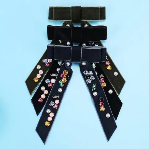 Velvet Bow Hair Clip With Colorful Rhinestones And Faux Artificial Pearls Vintage Long Streamer French Style Headwear For Women