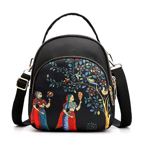 Mini Backpack Crossbody Bag For Women Waterproof Oxford Cloth Multi Layer Multi Functional Printed Ethnic Pattern Fashion