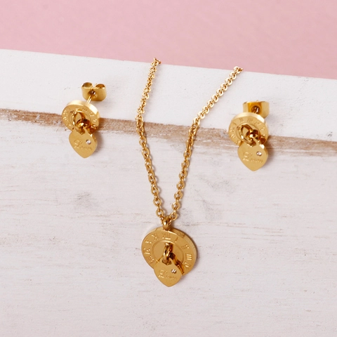 Collar Y Pendientes De Acero Inoxidable Para Mujer Con Colgante De Corazón Love Y Números Romanos Joyería Elegante