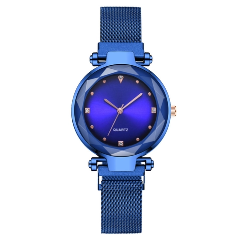 Elegant Women's Quartz Watch With Magnetic Milanese Mesh Strap Diamond Cut Faceted Glass Rhinestone Fashion Starry Dial