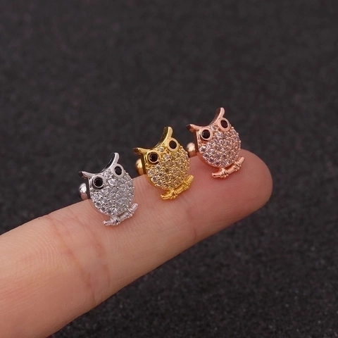 Knorpel Ohrstecker Edelstahl Kupfer Zirkonia Eule Totenkopf Böser Blick Hamsa Hand Winzig Schraubverschluss Helix Tragus Piercing