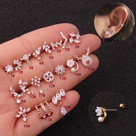 Flower Zircon Ear Cartilage Stud Earrings With Stainless Steel Earring Post Copper Inlaid Piercing Jewelry For Women