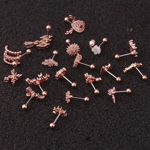 Flower Zircon Ear Cartilage Stud Earrings With Stainless Steel Earring Post Copper Inlaid Piercing Jewelry For Women