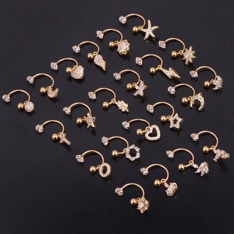 C-Vormige Oorkraakbeen Piercing Studs Roestvrijstalen Staaf Zirkoon Hanger Hart Ster Maan Bloem Lichaamssieraden Voor Dames