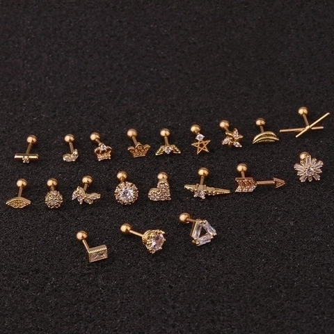 Stainless Steel Copper Inlaid Zircon Ear Cartilage Stud Piercing Threaded Ball Heart Star Crown Wing Flower Butterfly Jewelry