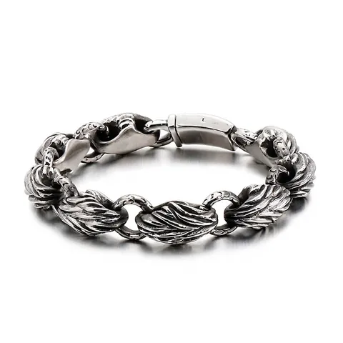 Pulsera Hombre Acero Inoxidable 316L Patrón Pluma Hoja Retro Cadena Pesada Estilo Punk Gótico Industrial Joyería