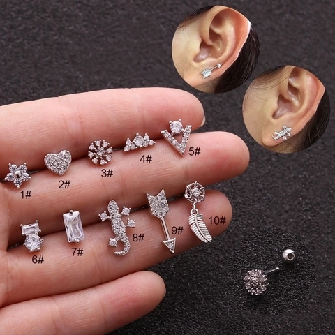 Kraakbeen Piercing Studs Roestvrij Staal Cubic Zirconia Schroefsluiting Oorbellen Gecko Pijl Ster Sieraden Voor Dames Heren