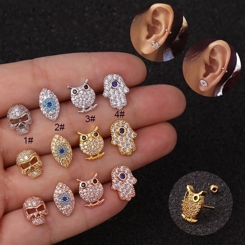 Knorpel Ohrstecker Edelstahl Kupfer Zirkonia Eule Totenkopf Böser Blick Hamsa Hand Winzig Schraubverschluss Helix Tragus Piercing