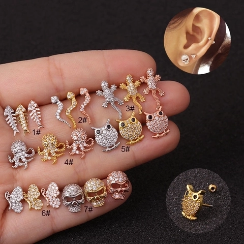 Studs De Cartilage D'oreille Animaux En Zircon Acier Inoxydable Cuivre Piercing Crâne Serpent Lézard Hibou