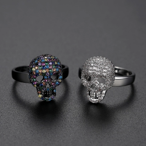 Skull Ring Copper Cubic Zirconia Pavé Punk Gothic Hip Hop Jewelry For Men Women Unisex Electroplated Black Silver